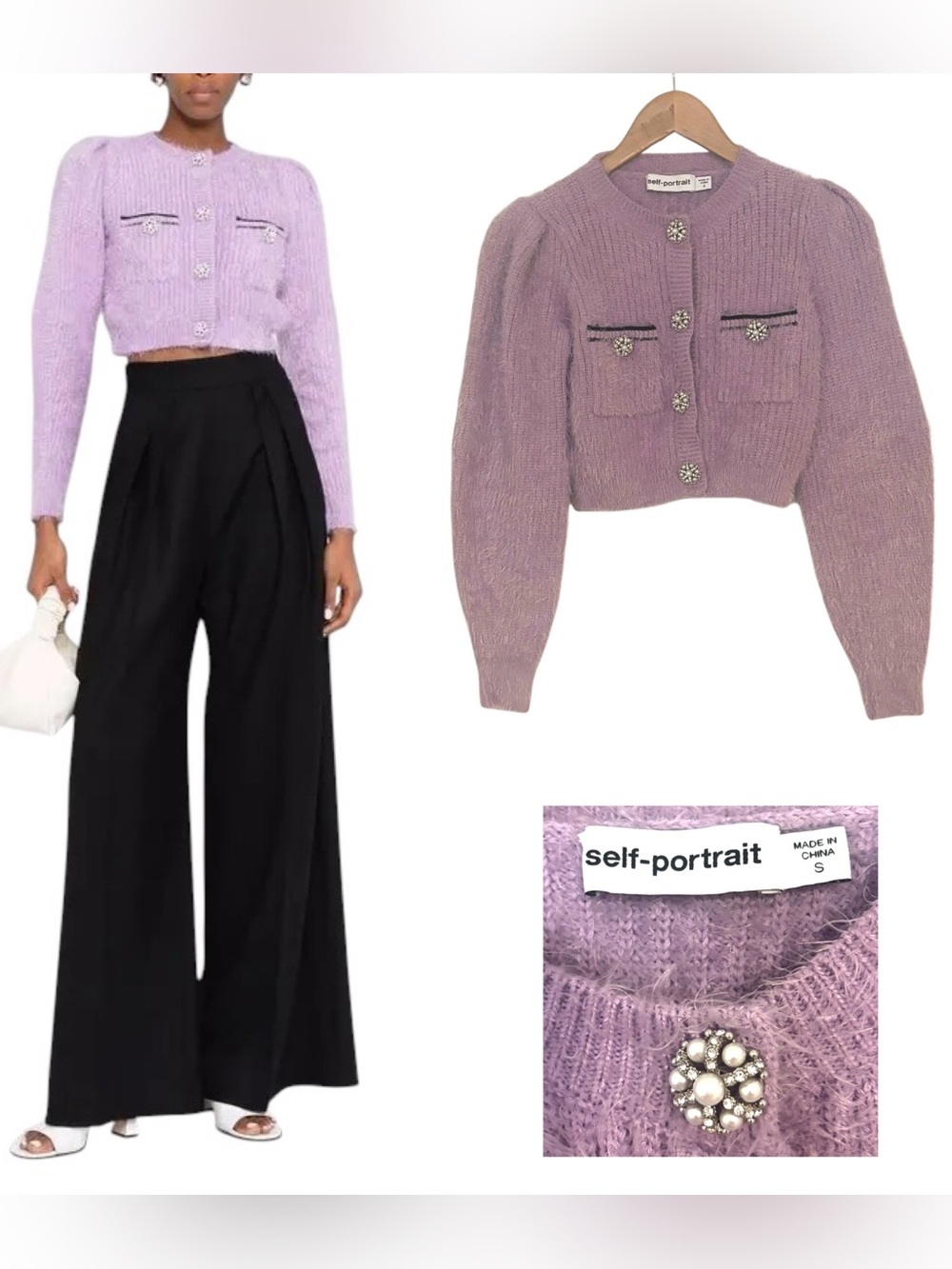 Self-Portrait Fluffy-Knit Cropped Cardigan